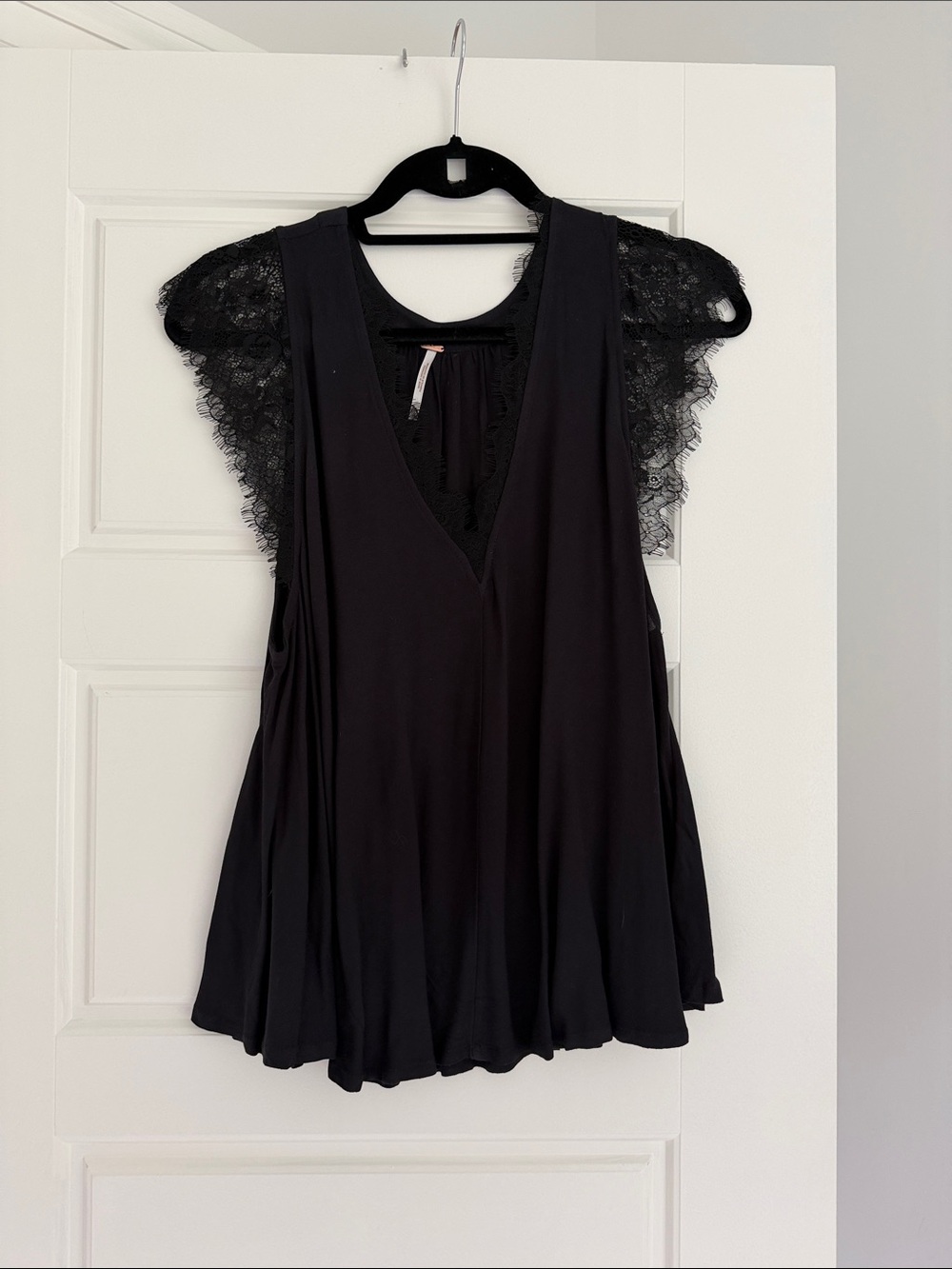 Free People Black Lace-Trim V-Neck Flowy Blouse